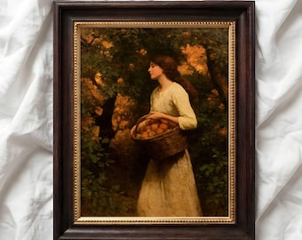 Vintage Woman with Fruit Basket Print: Victorian Romantic Figure Wall Art, Cottagecore Autumn Decor (Digital Download)