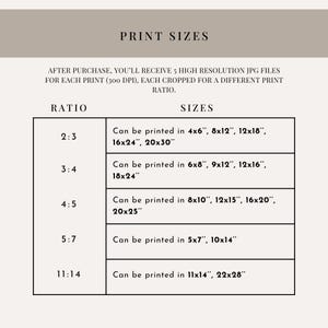 May include: A beige graphic with the text "PRINT SIZES" at the top. Below, a table lists print sizes for different ratios, including 10x15cm, 20x30cm, 40x60cm, and 50x75cm for a 2:3 ratio. Other ratios and sizes are also listed.