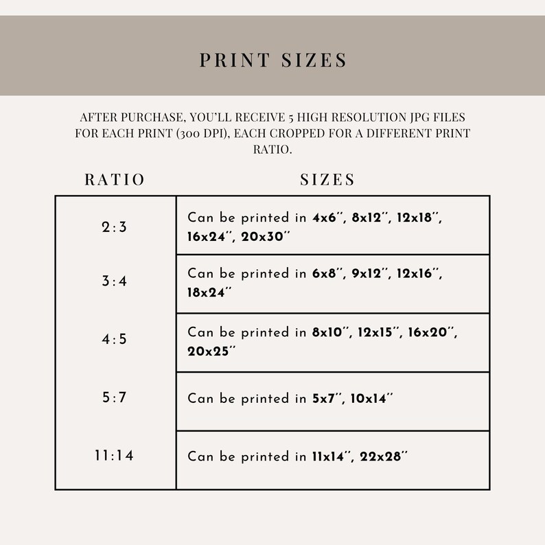 May include: A beige graphic with the text "PRINT SIZES" at the top. Below, a table lists print sizes for different ratios, including 10x15cm, 20x30cm, 40x60cm, and 50x75cm for a 2:3 ratio. Other ratios and sizes are also listed.