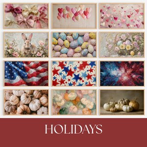 May include: A collection of framed art prints featuring holiday themes. The prints showcase various subjects, including bows, heart-shaped balloons, Easter eggs, a bunny, an American flag, stars, pumpkins, and abstract fireworks. The word "HOLIDAYS" is displayed at the bottom.