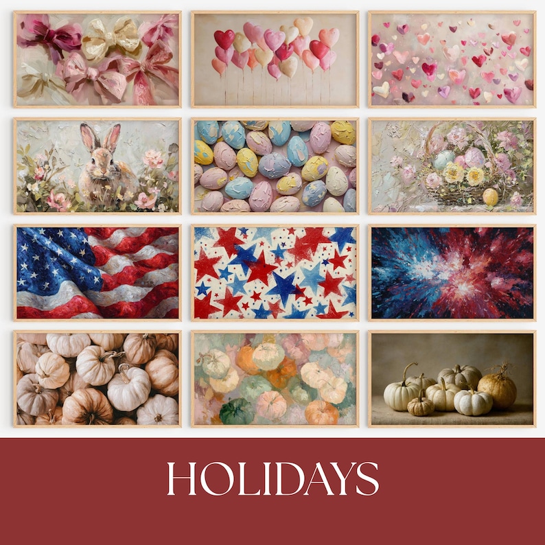 May include: A collection of framed art prints featuring holiday themes. The prints showcase various subjects, including bows, heart-shaped balloons, Easter eggs, a bunny, an American flag, stars, pumpkins, and abstract fireworks. The word "HOLIDAYS" is displayed at the bottom.