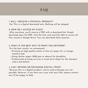 K&ouml;nnte beinhalten: Beige Dokument mit schwarzem Text und der &Uuml;berschrift "FAQ". Es beantwortet Fragen zu digitalen Downloads, einschlie&szlig;lich des Zugriffs auf Dateien, Druckempfehlungen und R&uuml;ckgabebedingungen. Der Text ist gut lesbar.