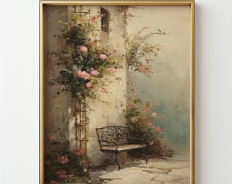 Vintage Iron Bench Wall Art: Muted Spring Cottagecore Decor, French Country Print (Digital Download)