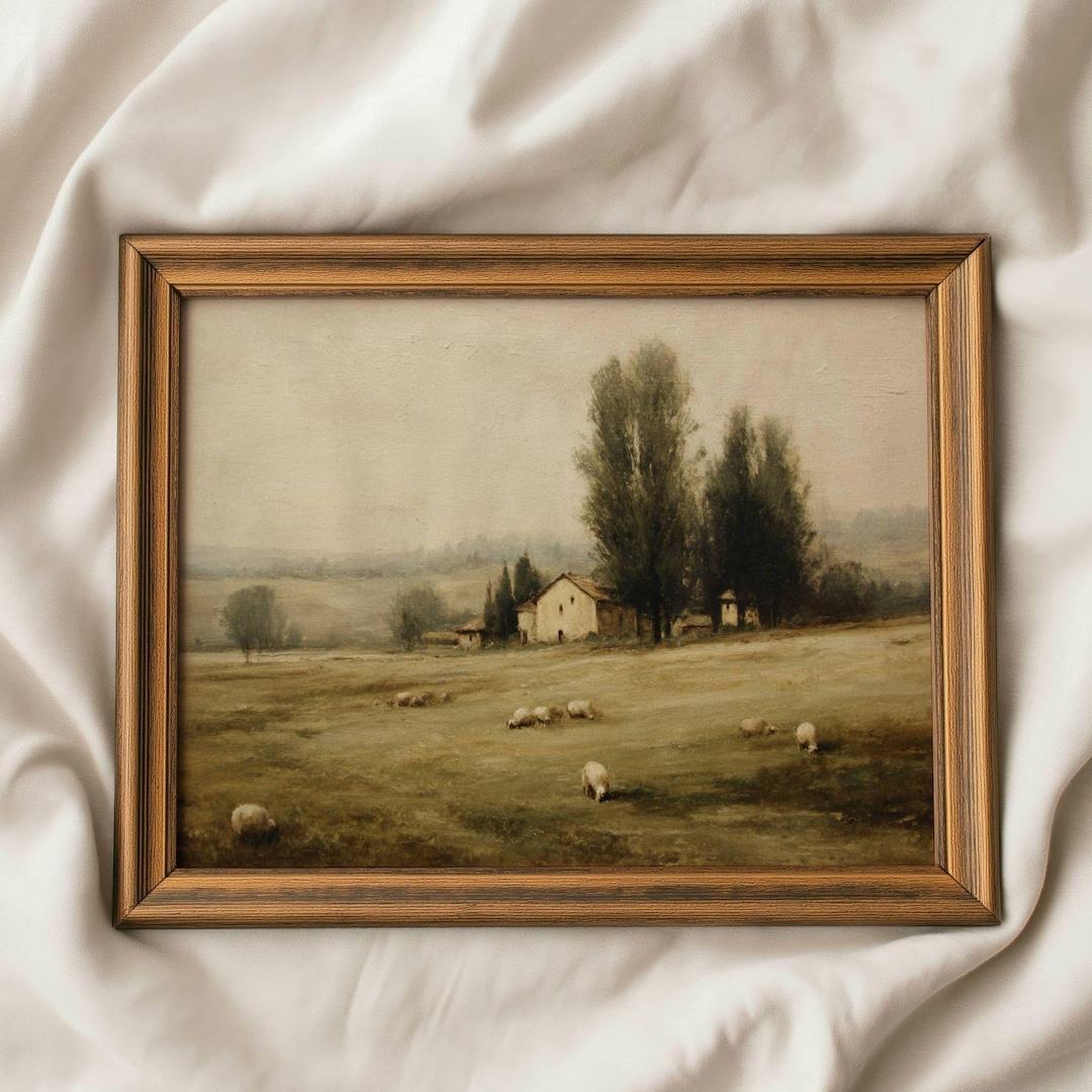 Vintage Farmhouse Landscape Wall Art: Pastoral Sheep Oil Painting ...
