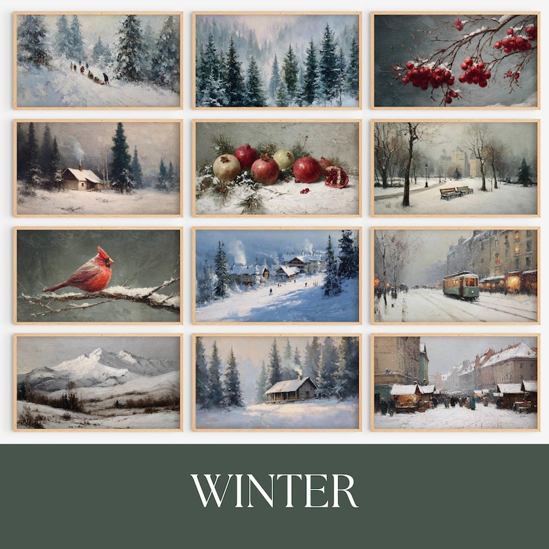 May include: A collection of framed winter landscape paintings. The artwork features snowy scenes with trees, cabins, and a red cardinal. The word "WINTER" is displayed in a white, elegant font at the bottom of the image.