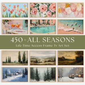 May include: A set of framed art prints showcasing diverse paintings, including floral, beach, and winter scenes. The collection features a variety of styles and subjects. The text "450 + ALL SEASONS" is visible on the image.