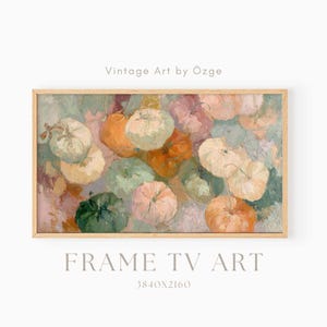 May include: A framed artwork featuring a collection of pumpkins in various colors, including green, orange, and pink. The painting has a vintage style with visible brushstrokes. The text "Vintage Art by Özge" is at the top, and "FRAME TV ART" and "3840X2160" are at the bottom.