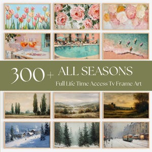 May include: A collection of framed art prints featuring various landscape and still-life paintings. The art includes floral arrangements, beach scenes, and winter landscapes. The text "300+ ALL SEASONS" is displayed prominently.