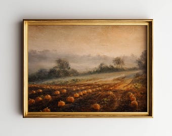 Pumpkin Field Wall Art: Autumn Harvest Landscape Print, Rustic Farmhouse Fall Decor Digital Download