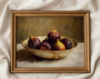 Decorazione murale rustica con ciotola di fichi: stampabile con natura morta autunnale vintage, accogliente decorazione da cucina in stile fattoria