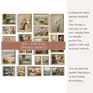 K&ouml;nnte beinhalten: Eine Sammlung gerahmter Vintage-Fr&uuml;hlingsdrucke mit Blumen-, Landschafts- und Architekturszenen. Die Drucke sind in verschiedenen Gr&ouml;&szlig;en und Stilen gehalten, mit einer warmen Farbpalette. Der Text auf dem Bild lautet "100+ Vintage Spring Prints."