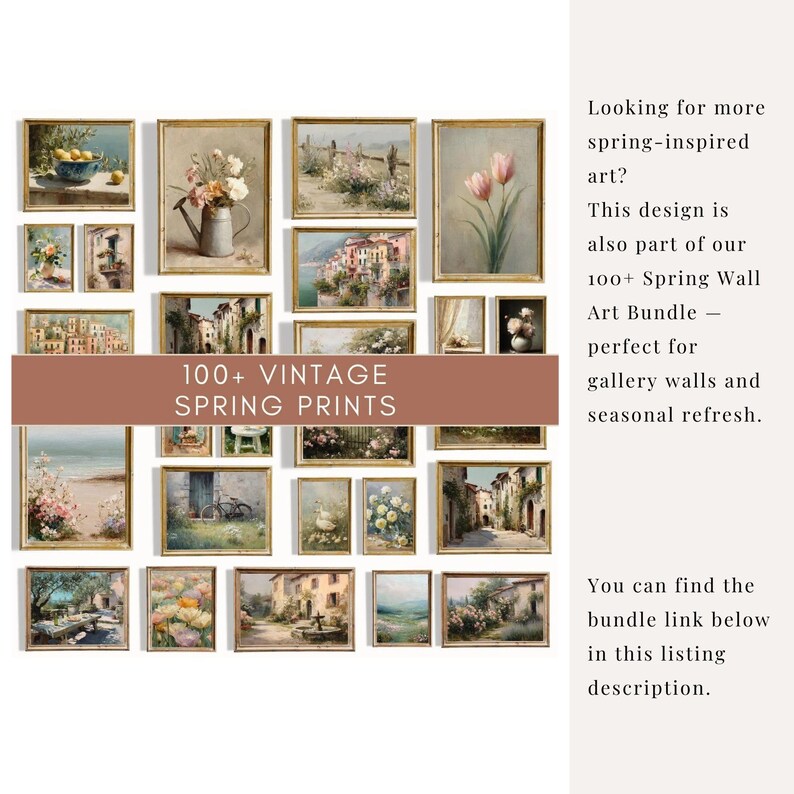 K&ouml;nnte beinhalten: Eine Sammlung gerahmter Vintage-Fr&uuml;hlingsdrucke mit Blumen-, Landschafts- und Architekturszenen. Die Drucke sind in verschiedenen Gr&ouml;&szlig;en und Stilen gehalten, mit einer warmen Farbpalette. Der Text auf dem Bild lautet "100+ Vintage Spring Prints."