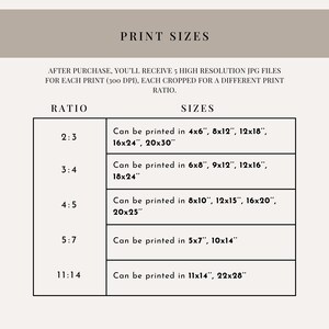 May include: A beige graphic with the text "PRINT SIZES" at the top. Below, a table lists print sizes for different ratios, including 4x6", 8x12", 12x18", 16x24", 20x30", 6x8", 9x12", 12x16", 18x24", 8x10", 12x15", 16x20", 20x25", 5x7", 10x14", 11x14", and 22x28".