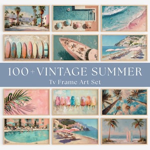 May include: A collection of nine framed art prints with a vintage summer theme. The artwork depicts scenes of beaches, pools, palm trees, and surfboards. The text "100+ VINTAGE SUMMER TV FRAME ART SET" is displayed in the center.