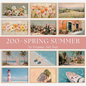 May include: A set of framed art prints with a spring and summer theme. The collection features floral still lifes, landscapes, beach scenes, and coastal views. The text "200+ SPRING SUMMER Tv Frame Art Set" is displayed.