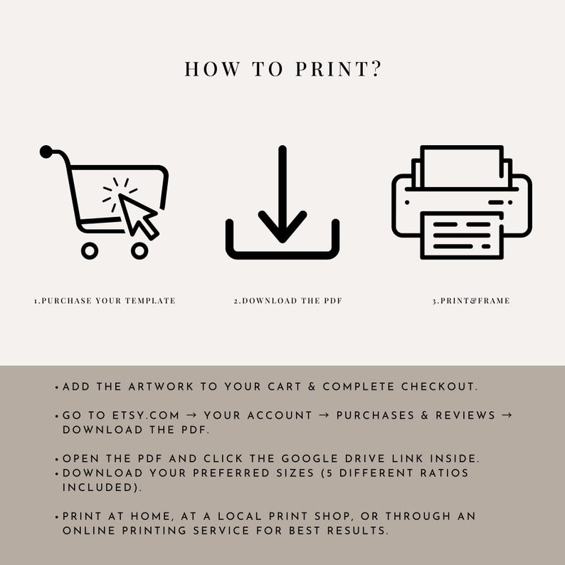 May include: A beige graphic with the text "HOW TO PRINT?" and instructions for purchasing, downloading, and printing a template. Includes icons of a shopping cart, a download arrow, and a printer.