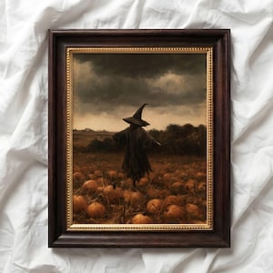 Lámina decorativa vintage de Halloween: Bruja en un campo de calabazas, obra de arte con ambiente melancólico para imprimir (descarga digital).