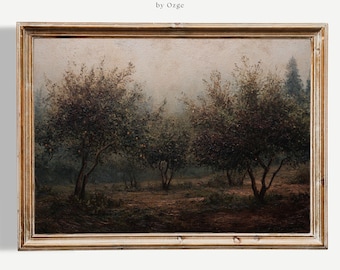 Dark Academia Apple Orchard Painting: Vintage Autumn Harvest Landscape Print, Cottagecore Kitchen Decor