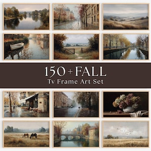 May include: A collection of twelve landscape and still life digital art prints for TV frames, featuring autumn scenes of rivers, city streets, rural fields, a boat, horses, and a floral arrangement, all displayed in light wood frames.