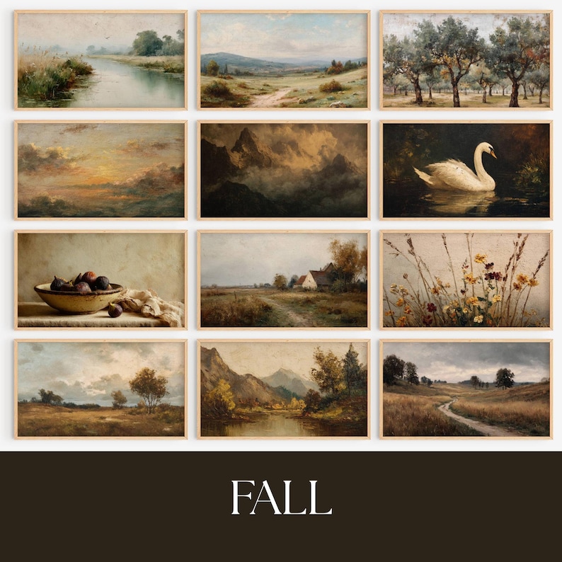 May include: A collection of framed landscape paintings with a vintage aesthetic. The artworks depict serene scenes of nature, including rivers, fields, mountains, and trees. The color palette features muted tones of green, brown, and blue, evoking a sense of tranquility. The word "FALL" is at the bottom.