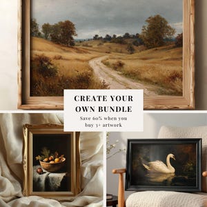 May include: A selection of framed artworks, including landscape and still life paintings. The top artwork shows a rural landscape with a track. The text "CREATE YOUR OWN BUNDLE" is visible. Save 60% when you buy 3+ artwork.