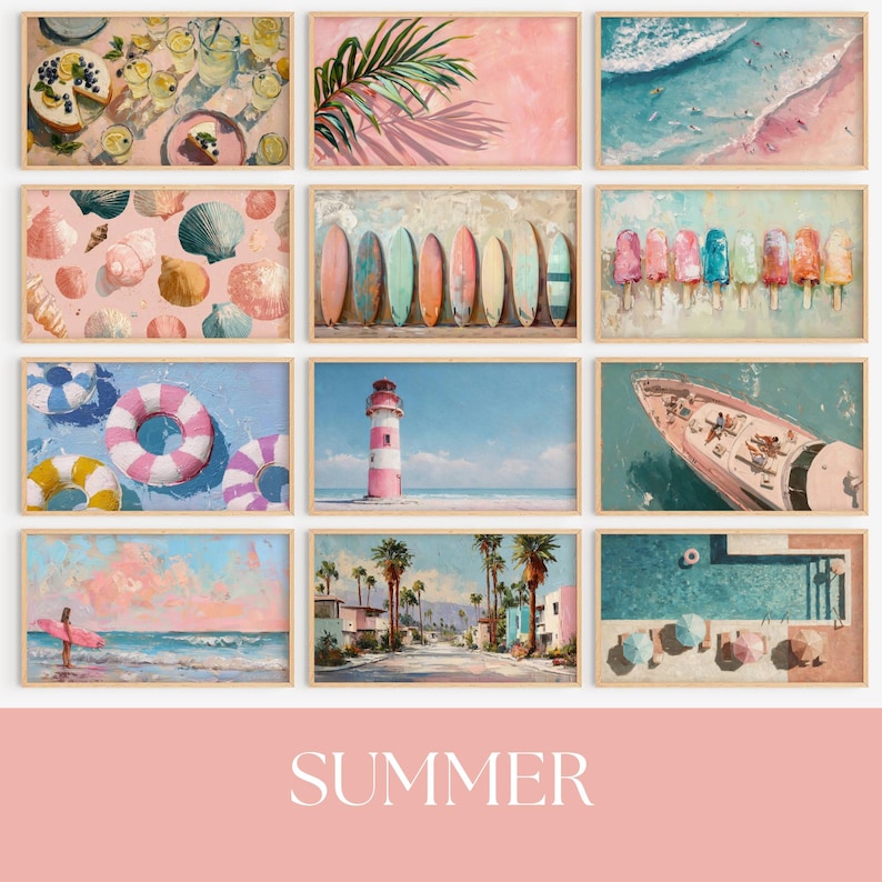 May include: A collection of twelve framed art prints with a summer theme. The prints depict various beach scenes, including surfboards, a lighthouse, and a pool. The word "SUMMER" is displayed in a pink banner at the bottom.