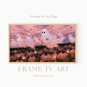 Puede incluir: Una impresión de arte digital rectangular para pantalla de televisión que muestra una escena pintada de fantasmas blancos flotando sobre un campo de calabazas al atardecer. El cielo tiene tonos rosados y anaranjados con hojas de otoño.