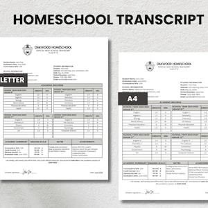 Può includere: Due layout modificabili di trascrizioni scolastiche a casa, uno in formato Letter e uno in formato A4. I documenti presentano il testo "Homeschool Transcript" in alto, con registri accademici, informazioni sullo studente e scale di valutazione.
