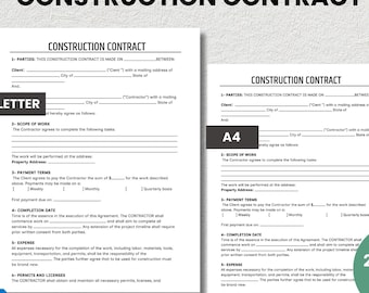 Modello di contratto di costruzione / Word e PDF modificabili / 2 pagine / A4 e Lettera USA / Download immediato