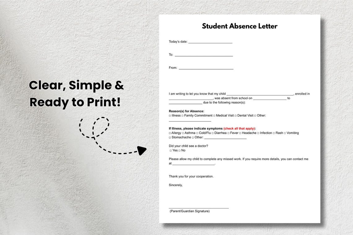 Student Absence Letter Template: Printable School Excuse (canva, Word ...