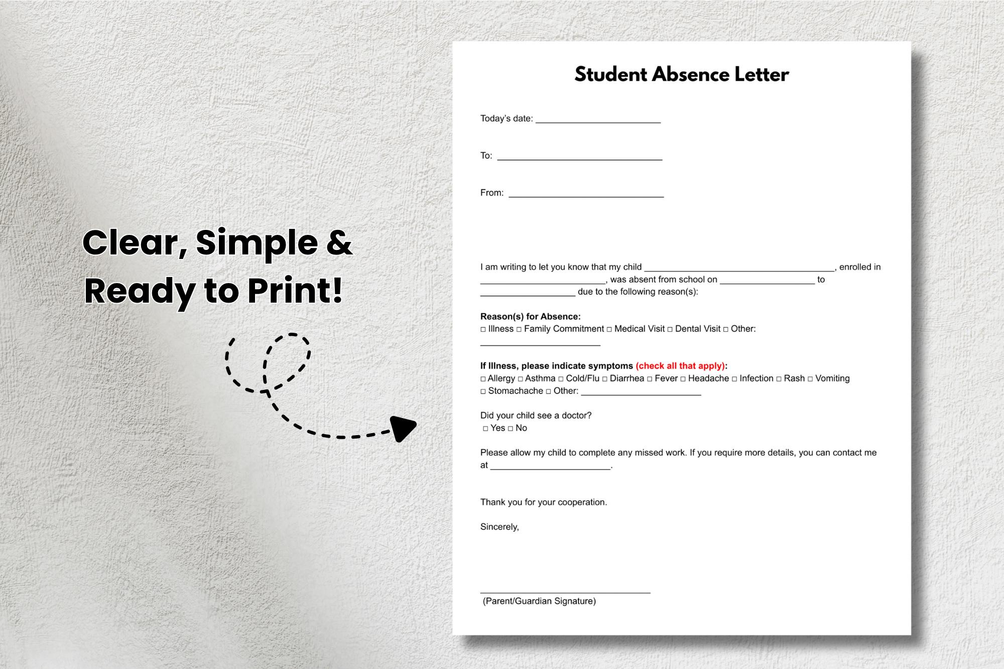 Student Absense Problem Student Absence Letter Template: Printable School Excuse (canva, Word ...