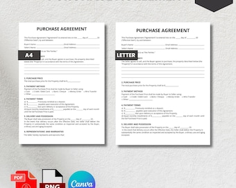 Modello di contratto di acquisto / Contratto di vendita modificabile (Canva, PDF, PNG)