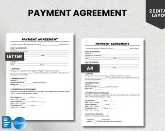 Modello di accordo di pagamento modificabile: contratto di prestito e servizio (Canva, PDF, Word)