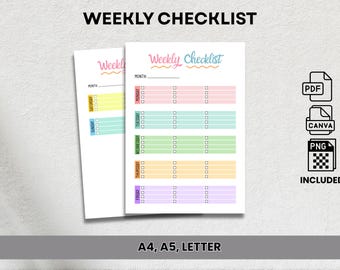 Weekly Checklist Printable | To-Do List Planner PDF | A4 A5 Letter Size Productivity Tracker