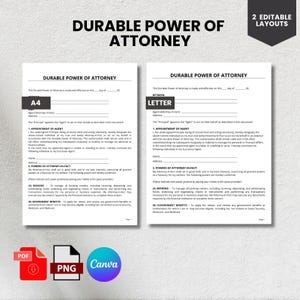 May include: Two editable layouts of a Durable Power of Attorney document. The document is white with black text, featuring sections for agent information and powers granted. Includes PDF, PNG, and Canva icons.