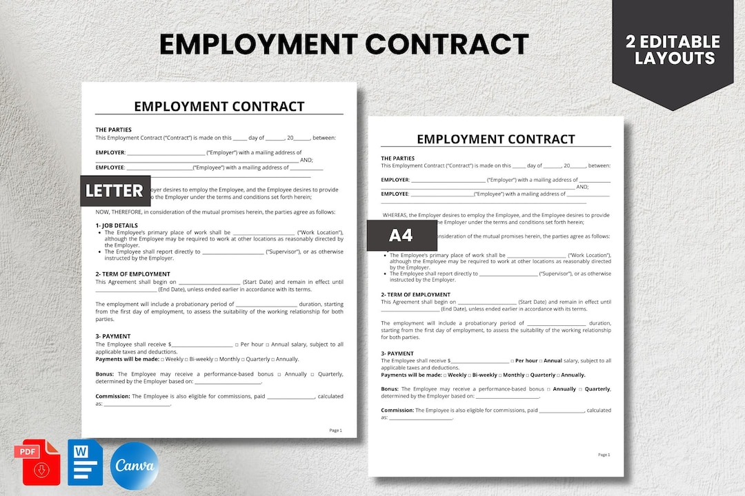 Employment Contract Template | Editable Job Agreement PDF Word Canva ...