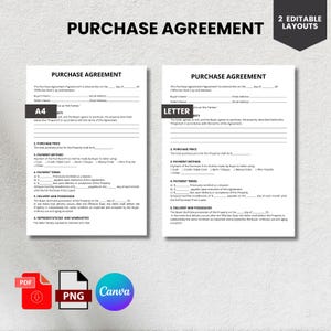 May include: Two editable purchase agreement layouts on white paper. One is A4 size, the other is Letter size. The image includes PDF, PNG, and Canva icons, and the text "Purchase Agreement".