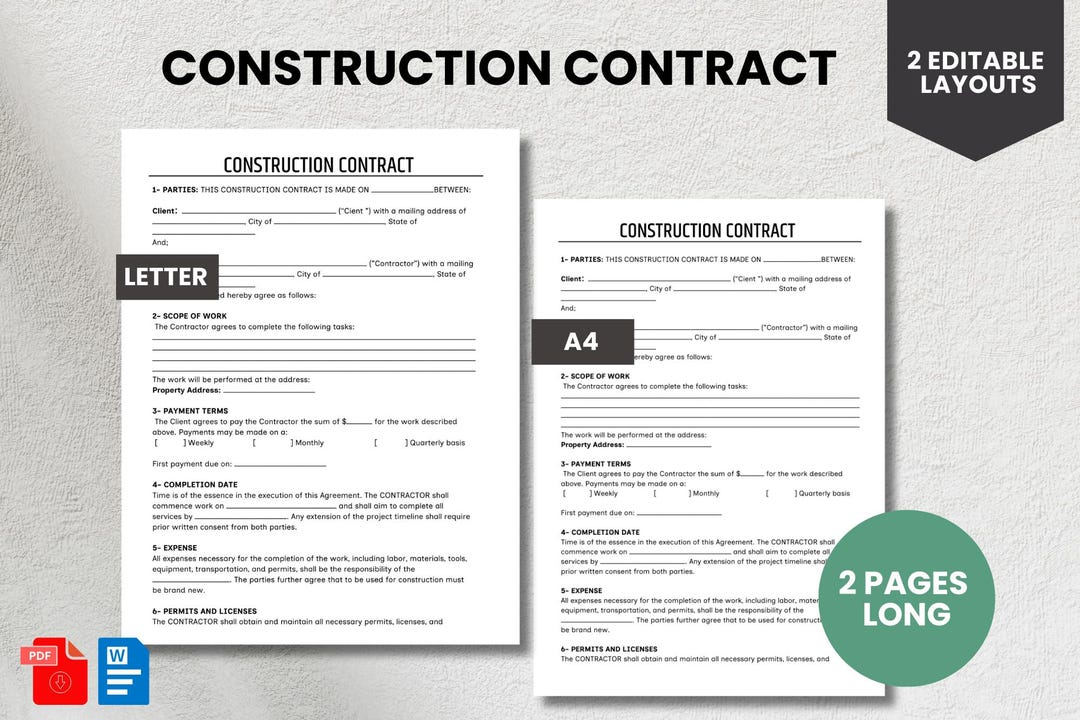 Construction Contract Template | Editable Word AND PDF | 2 Pages | A4 ...