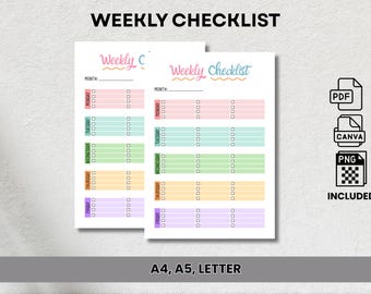 Elenco di controllo settimanale stampabile / Planner elenco cose da fare PDF / Tracker di produttività formato A4 A5 Letter