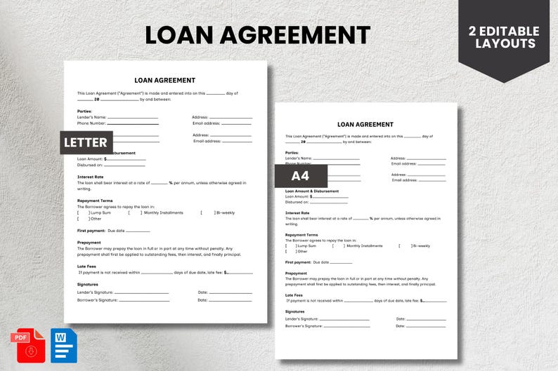 Lending Format Printable Loan Agreement Template: Editable PDF, Word, Canva - Etsy