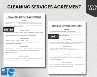 Modello di contratto per servizi di pulizia / Contratto modificabile PDF Word Canva / Modulo per attività di pulizia di uffici e case