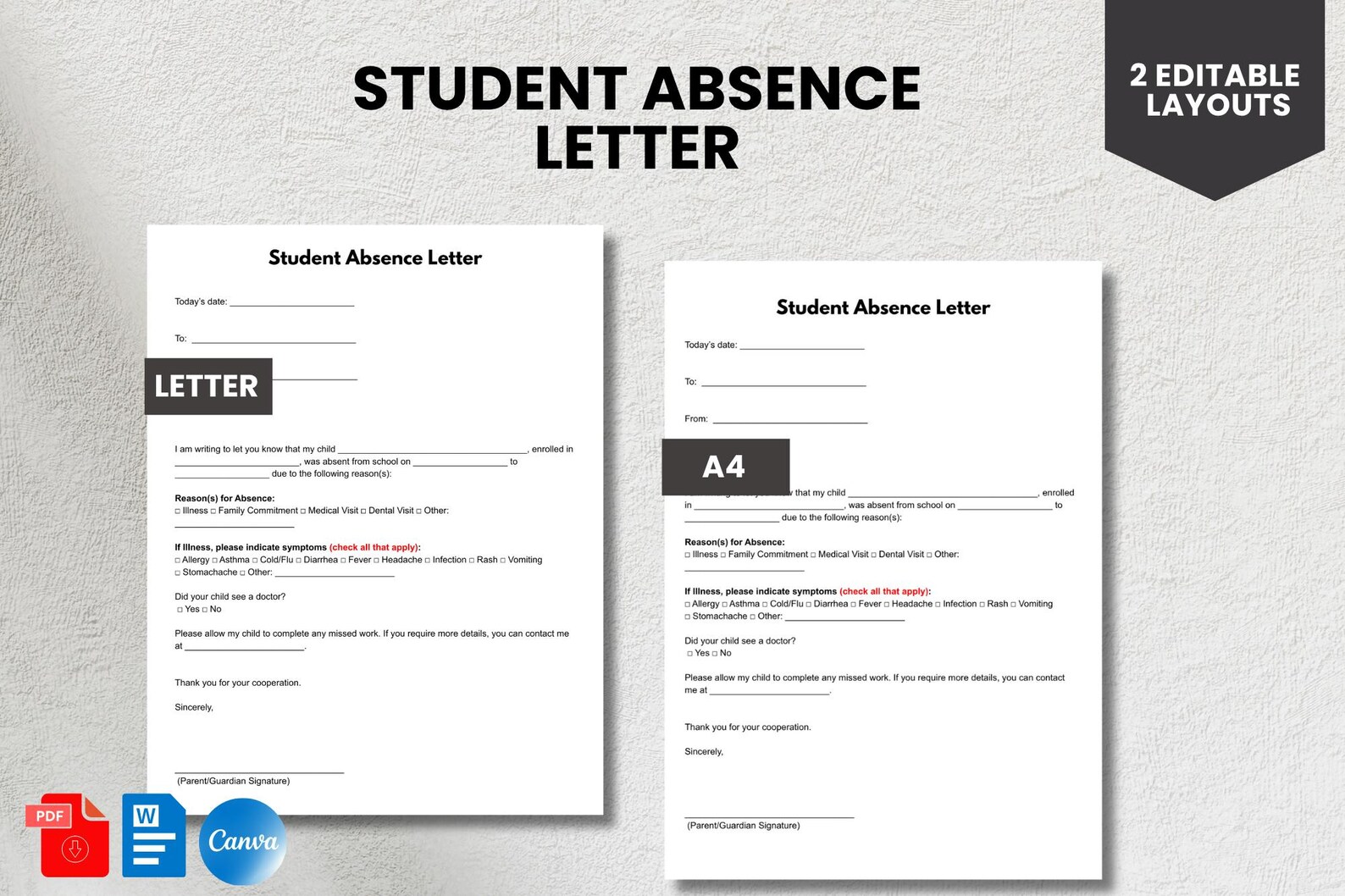 Student Absence Letter Template: Printable School Excuse (canva, Word ...