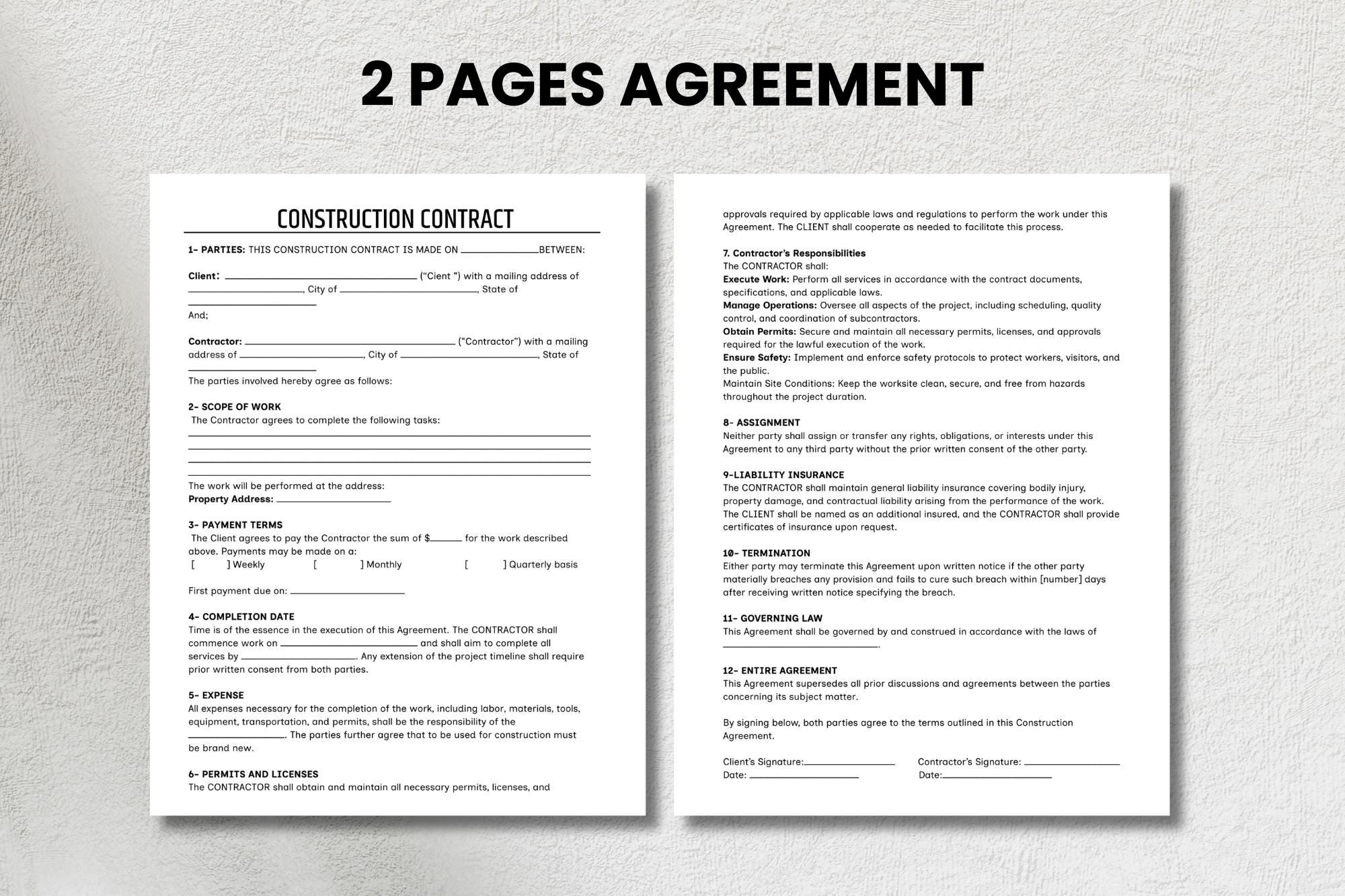 Construction Contract Template | Editable Word AND PDF | 2 Pages | A4 ...