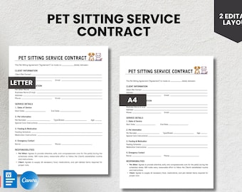 Modello di contratto per pet sitter: accordo modificabile per la cura degli animali domestici (Canva, Word, PDF)