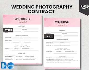 Modello di contratto per servizi fotografici di matrimonio: accordo modificabile rosa (PDF, Word, Canva)