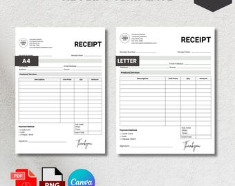 Modello di ricevuta modificabile - Fattura Canva, formato A4 e lettera USA (download PDF e PNG)