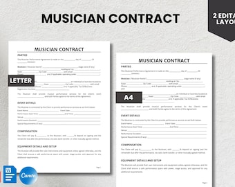 Modello di contratto per musicisti: accordo di prestazione modificabile (Canva, Word e PDF)