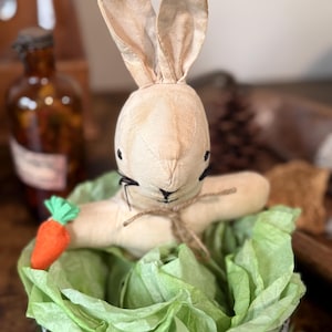 Rustic Primitive Hand Made Bunny In Lettuce/cabbage Leaves.        Summer, Farmhouse, Country