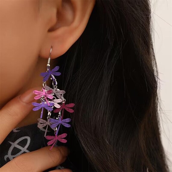 Womens Dangle Multi Colored Dragonfly Earrings - image 4