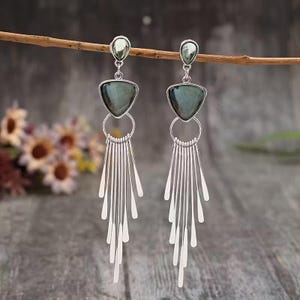 Women’s Bohemian Style Long Silver Tone Triangle Faux Stone Fringe Earrings.    Hippie,  Casual, Gypsy, Teenager